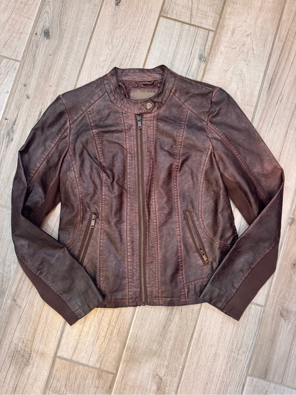 Maurices Brown Leather Moto Jacket with Zipper Pockets